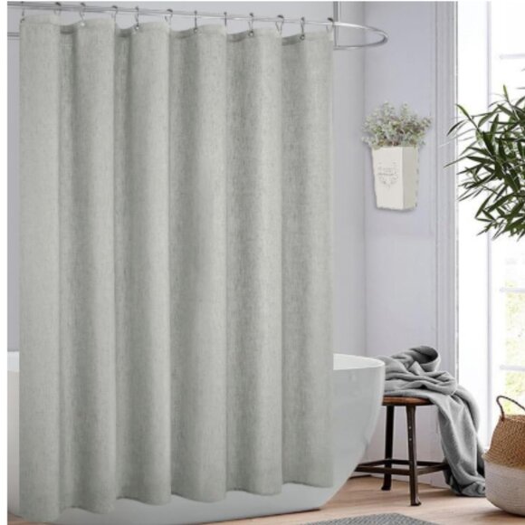 Gray Shower Curtain 71 x 72 with Silver Hooks Linen Look Minimalist Farmhouse - Picture 1 of 11
